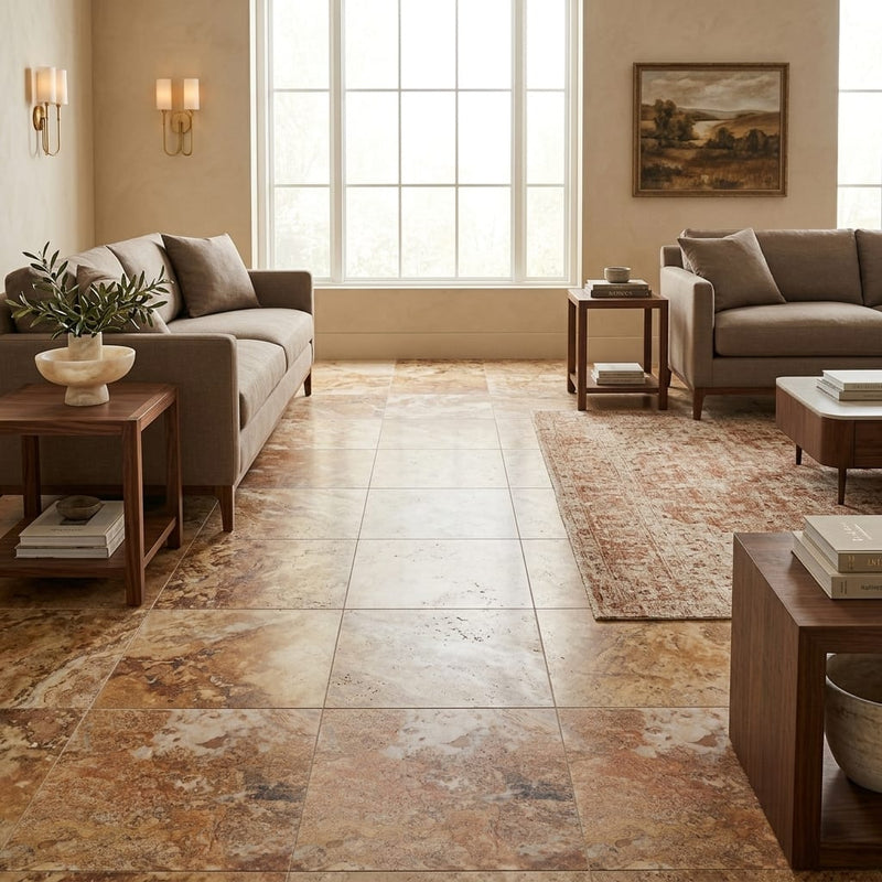 Scabos Travertine 18x18 Filled & Honed Travertine Tile — Family Room floor
