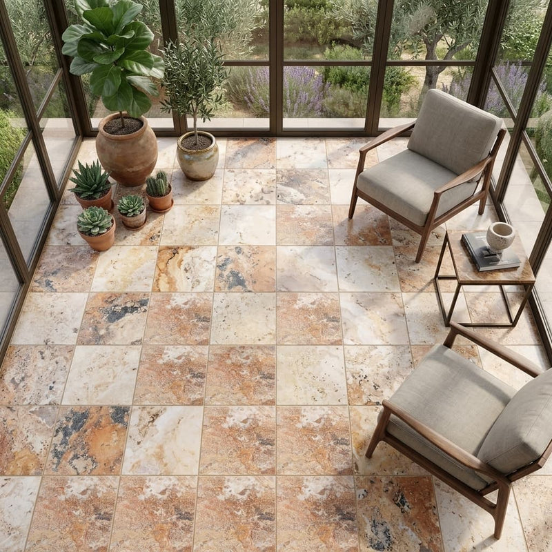 Scabos Travertine 18x18 Filled & Honed Travertine Tile — Sunroom floor