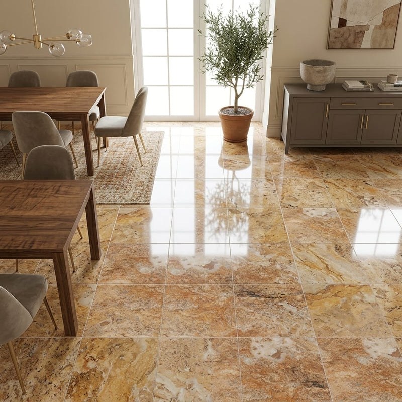 Scabos Travertine 18x18 Filled & Polished Travertine Tile — Dining Room floor