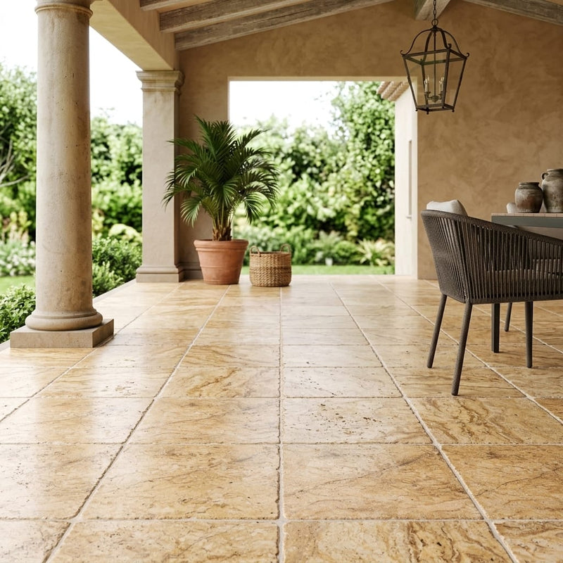 Scabos Travertine 18x18 Tumbled Travertine Tile — Covered Patio floor