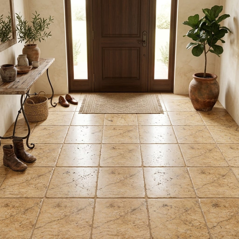 Scabos Travertine 18x18 Tumbled Travertine Tile — Foyer floor