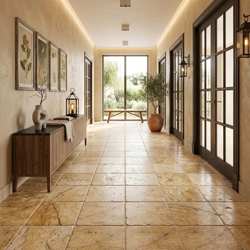 Scabos Travertine 18x18 Tumbled Travertine Tile — Hallway floor
