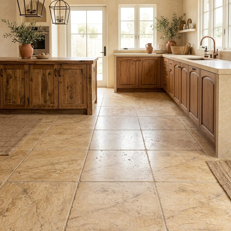 Scabos Travertine 18x18 Tumbled Travertine Tile — Kitchen floor