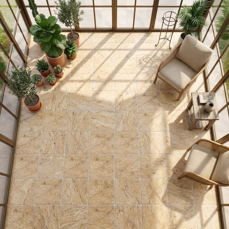 Scabos Travertine 18x18 Tumbled Travertine Tile — Sunroom floor