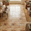 Scabos Travertine 18x18 Unfilled, Brushed & Chiseled Travertine Tile — Family Room floor