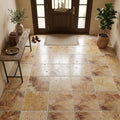 Scabos Travertine 18x18 Unfilled, Brushed & Chiseled Travertine Tile — Foyer floor
