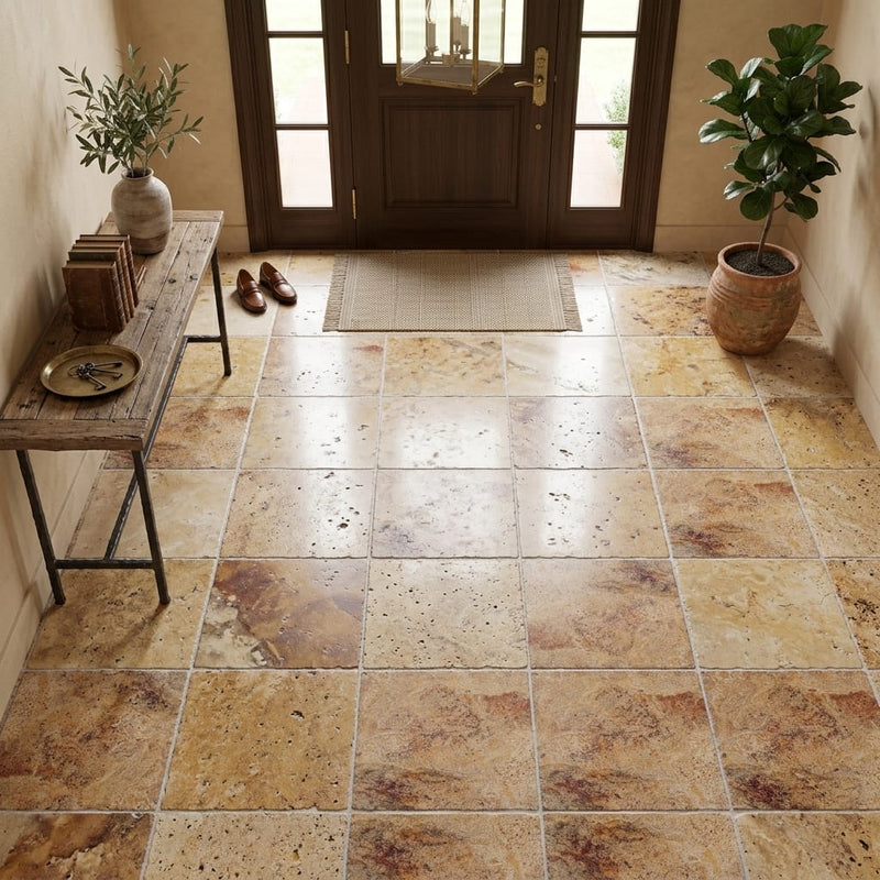 Scabos Travertine 18x18 Unfilled, Brushed & Chiseled Travertine Tile — Foyer floor