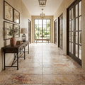 Scabos Travertine 18x18 Unfilled, Brushed & Chiseled Travertine Tile — Hallway floor