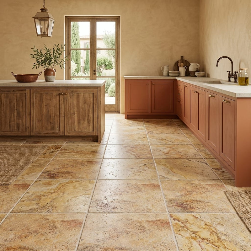 Scabos Travertine 18x18 Unfilled, Brushed & Chiseled Travertine Tile — Kitchen floor