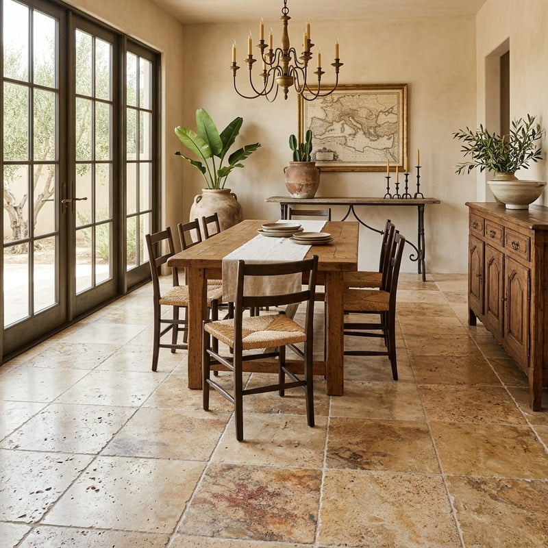 Scabos Travertine 18x18 Unfilled, Brushed & Chiseled Travertine Tile — Living Room floor