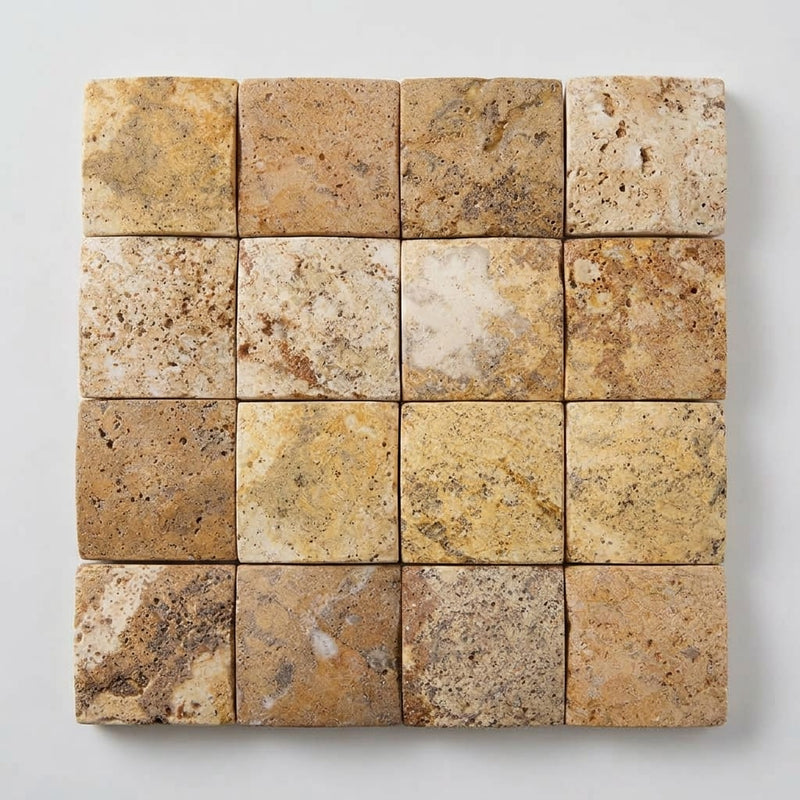 Scabos Travertine 2x2 CNC-Arched & Honed (Round-face / Wavy) Travertine Mosaic close-up