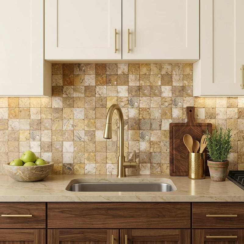 Scabos Travertine 2x2 CNC-Arched & Honed (Round-face / Wavy) Travertine Mosaic — Kitchen backsplash