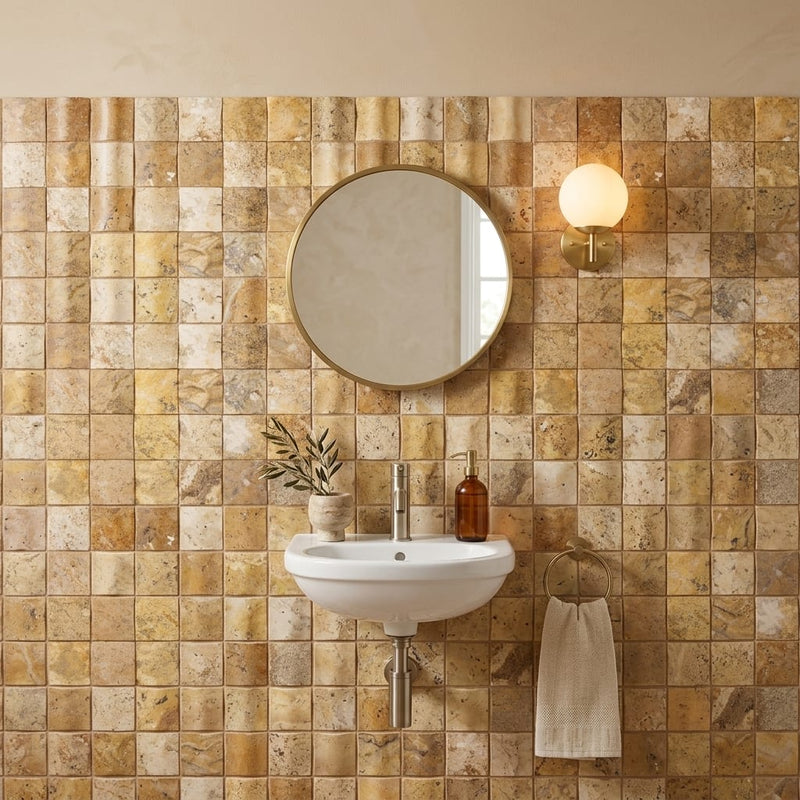 Scabos Travertine 2x2 CNC-Arched & Honed (Round-face / Wavy) Travertine Mosaic — Powder Room wall