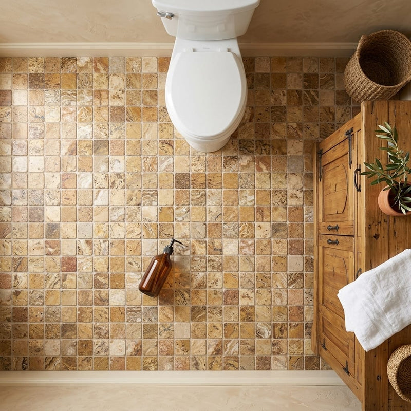Scabos Travertine 2x2 CNC-Arched & Tumbled (Round-face / Wavy) Travertine Mosaic — Bathroom floor