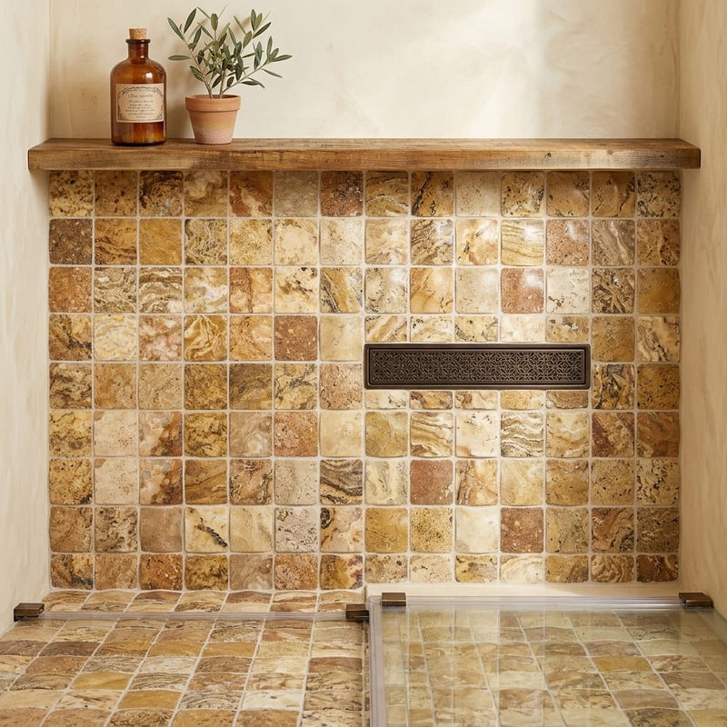 Scabos Travertine 2x2 CNC-Arched & Tumbled (Round-face / Wavy) Travertine Mosaic — Bathroom shower floor