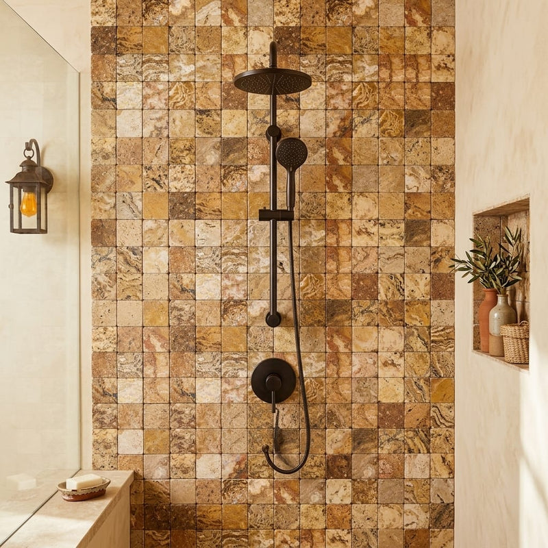 Scabos Travertine 2x2 CNC-Arched & Tumbled (Round-face / Wavy) Travertine Mosaic — Bathroom shower wall