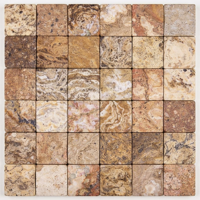 Scabos Travertine 2x2 CNC-Arched & Tumbled (Round-face / Wavy) Travertine Mosaic close-up