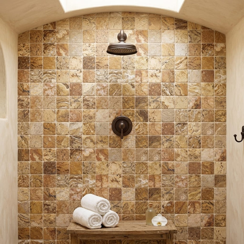 Scabos Travertine 2x2 CNC-Arched & Tumbled (Round-face / Wavy) Travertine Mosaic — Spa spa interior