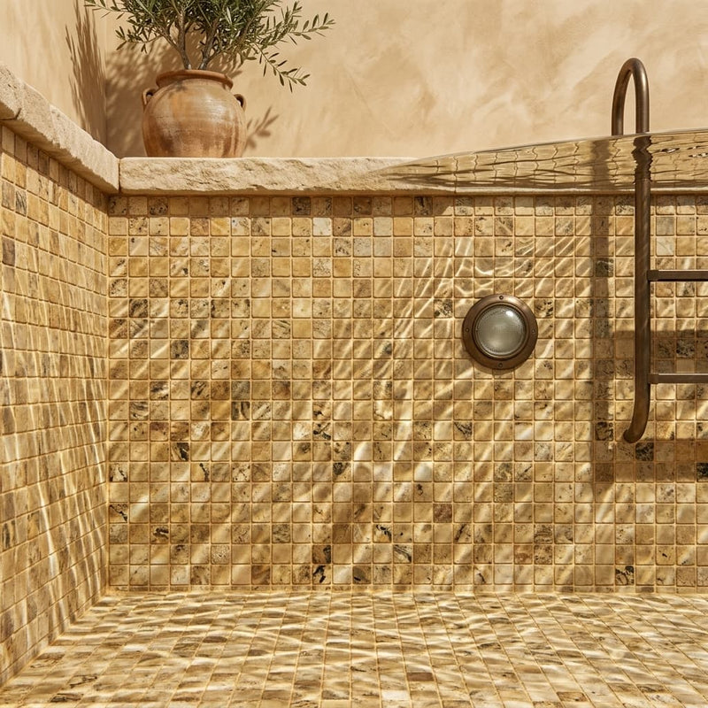 Scabos Travertine 2x2 CNC-Arched & Tumbled (Round-face / Wavy) Travertine Mosaic — Swimming Pool pool interior tiling