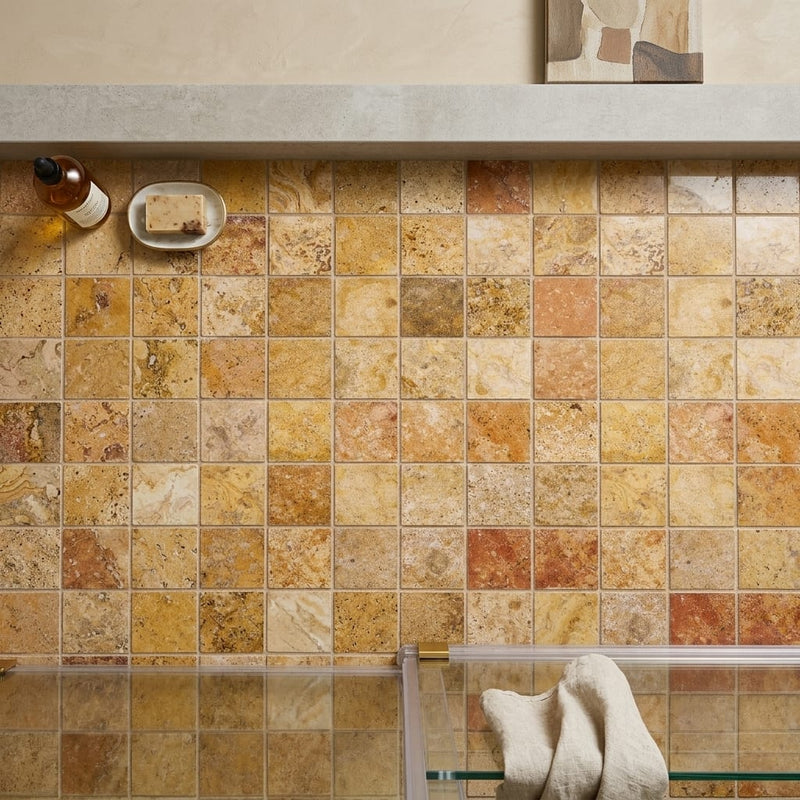 Scabos Travertine 2x2 Polished Travertine Mosaic — Bathroom shower floor
