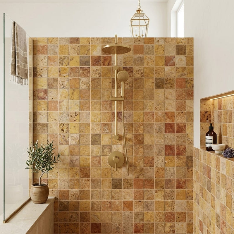 Scabos Travertine 2x2 Polished Travertine Mosaic — Bathroom shower wall