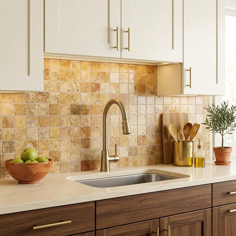 Scabos Travertine 2x2 Polished Travertine Mosaic — Kitchen backsplash