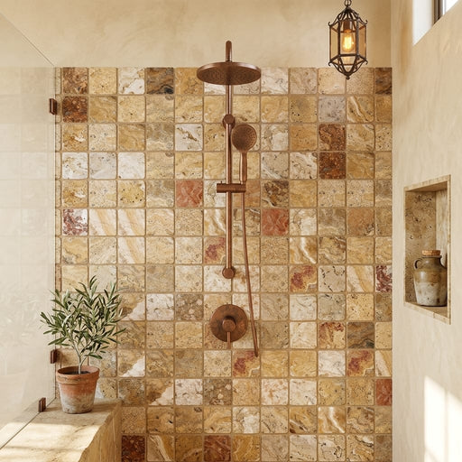 Scabos Travertine 2x2 Tumbled Travertine Mosaic — Bathroom shower wall