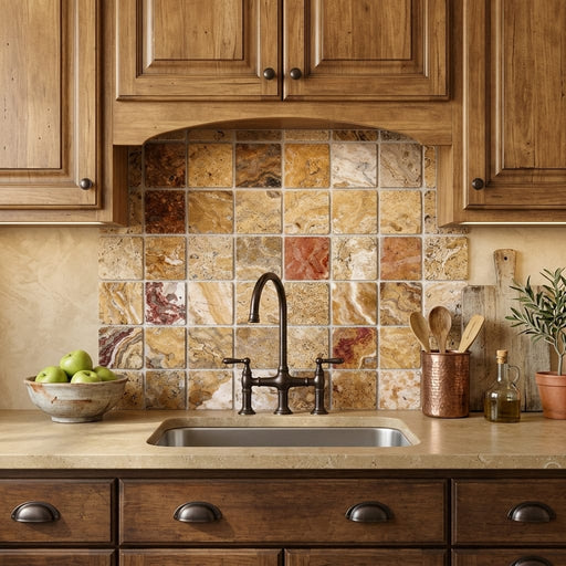 Scabos Travertine 2x2 Tumbled Travertine Mosaic — Kitchen backsplash