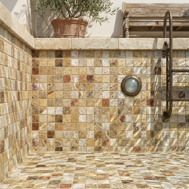 Scabos Travertine 2x2 Tumbled Travertine Mosaic — Swimming Pool pool interior tiling