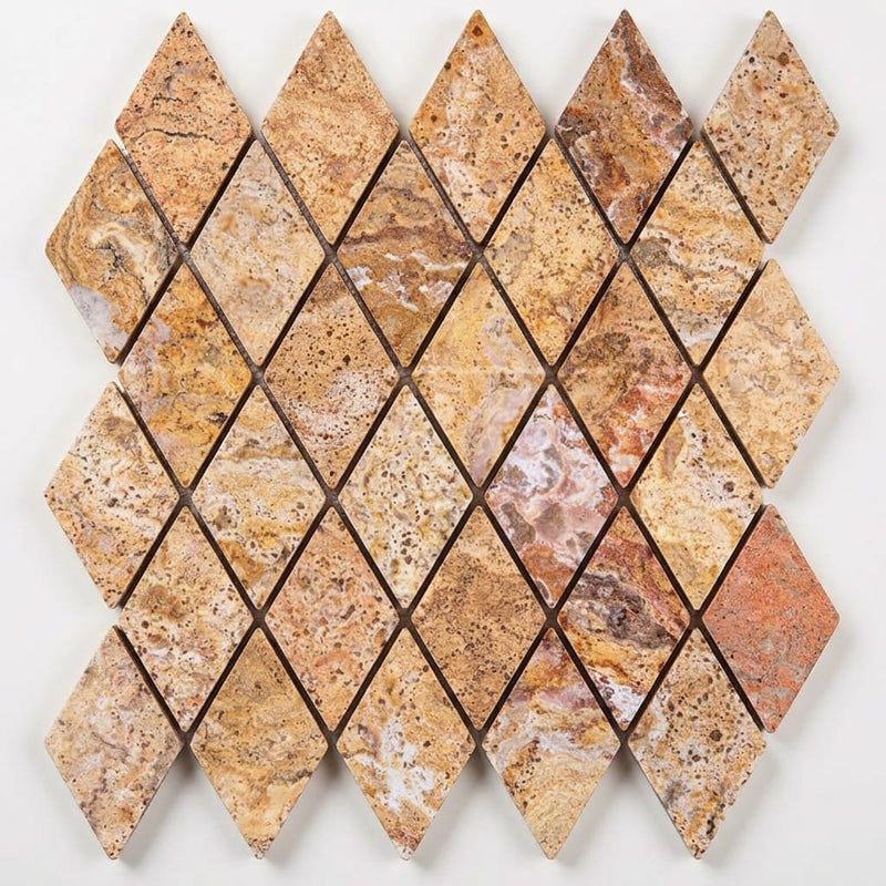 Scabos Travertine 2x4 Tumbled Travertine Diamond / Rhomboid Mosaic close-up