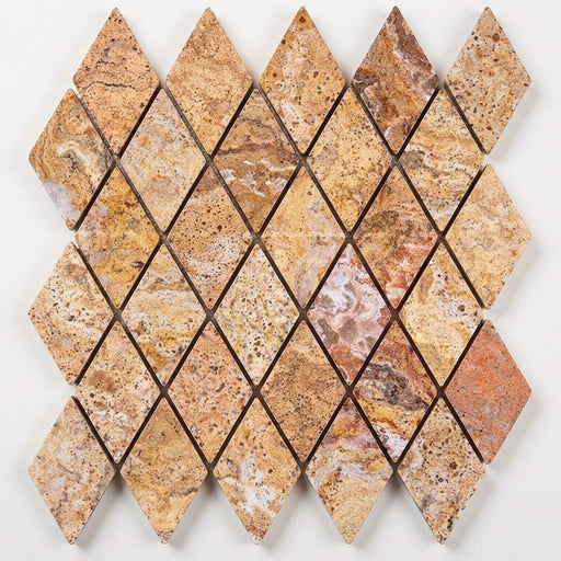Scabos Travertine 2x4 Tumbled Travertine Diamond / Rhomboid Mosaic close-up