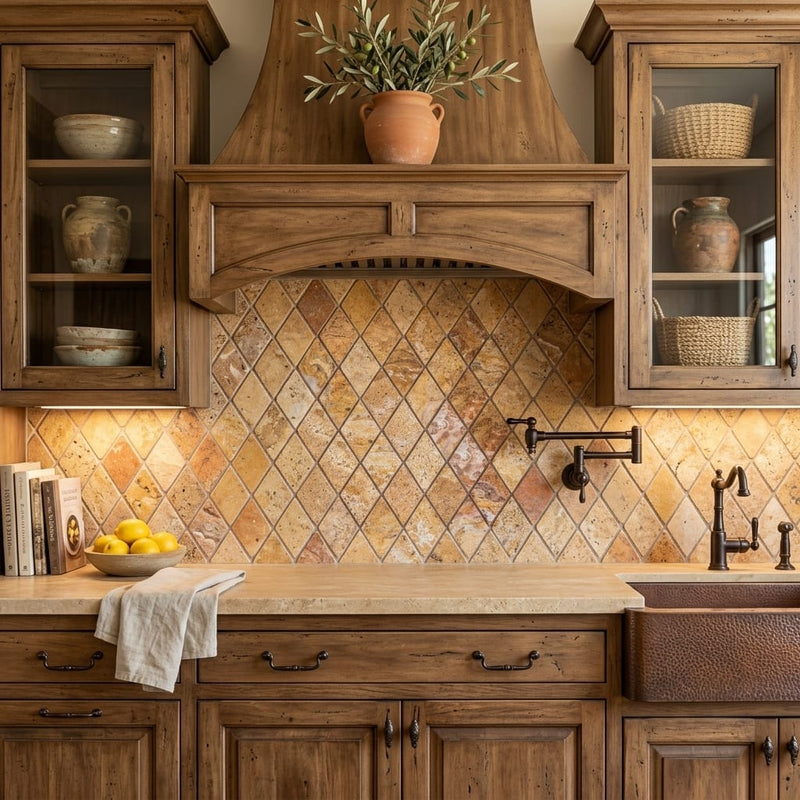 Scabos Travertine 2x4 Tumbled Travertine Diamond / Rhomboid Mosaic — Kitchen backsplash