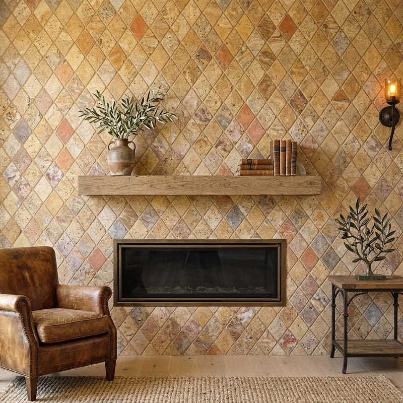 Scabos Travertine 2x4 Tumbled Travertine Diamond / Rhomboid Mosaic — Living Room accent wall