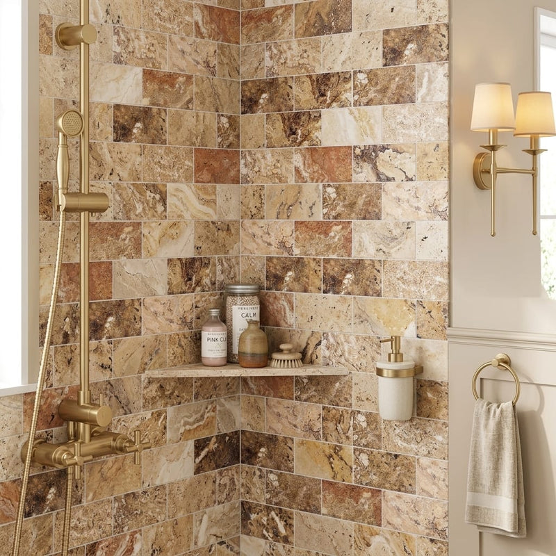 Scabos Travertine 3x6 Honed Travertine Tile — Bathroom shower wall