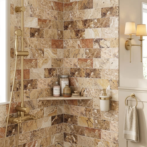 Scabos Travertine 3x6 Honed Travertine Tile — Bathroom shower wall