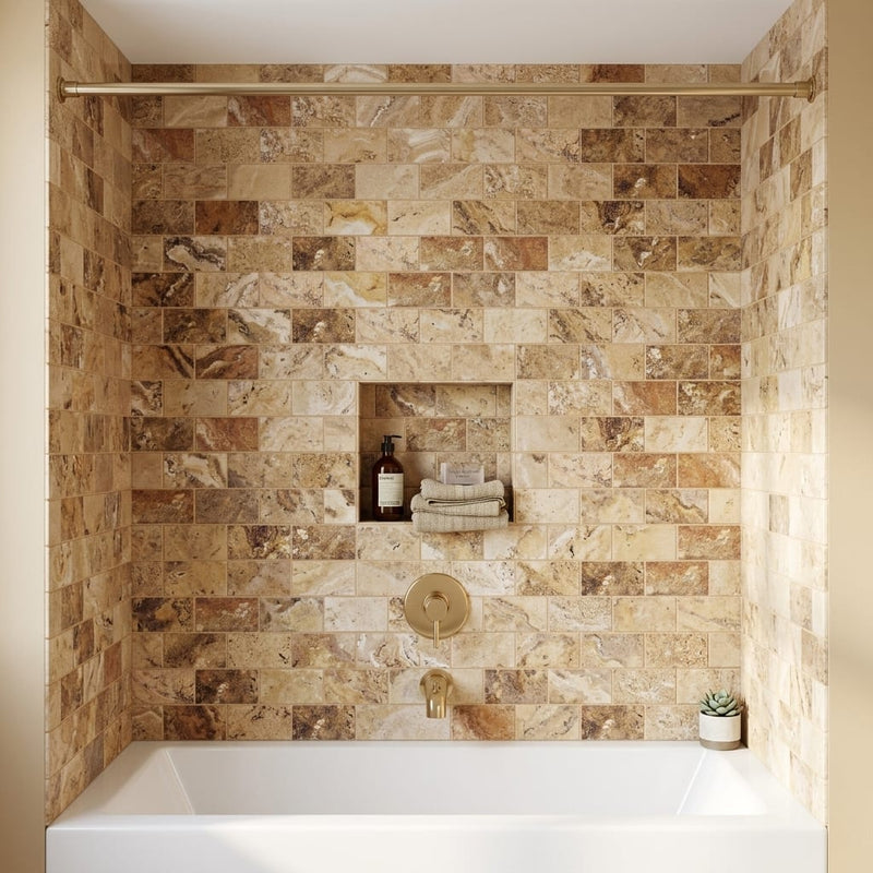 Scabos Travertine 3x6 Honed Travertine Tile — Bathroom tub surround