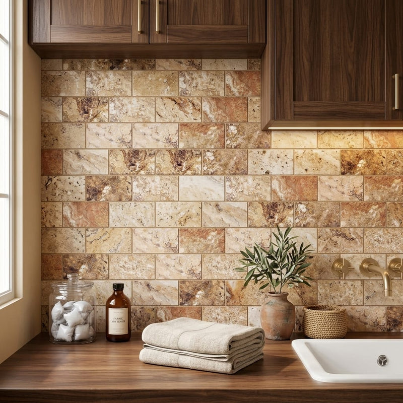 Scabos Travertine 3x6 Honed Travertine Tile — Laundry Room backsplash