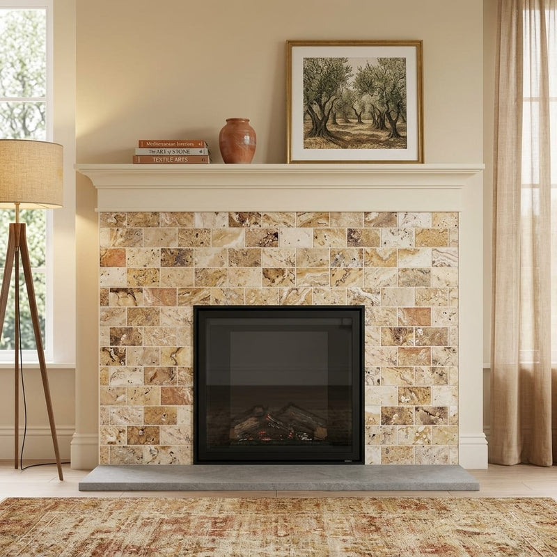 Scabos Travertine 3x6 Honed Travertine Tile — Living Room fireplace surround