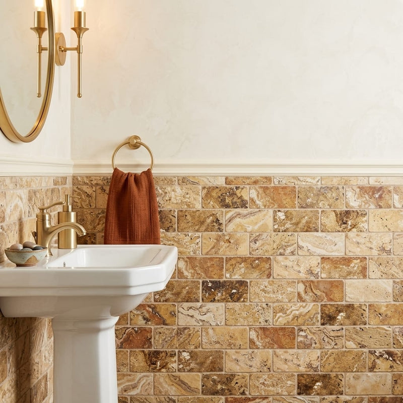 Scabos Travertine 3x6 Honed Travertine Tile — Powder Room wainscot