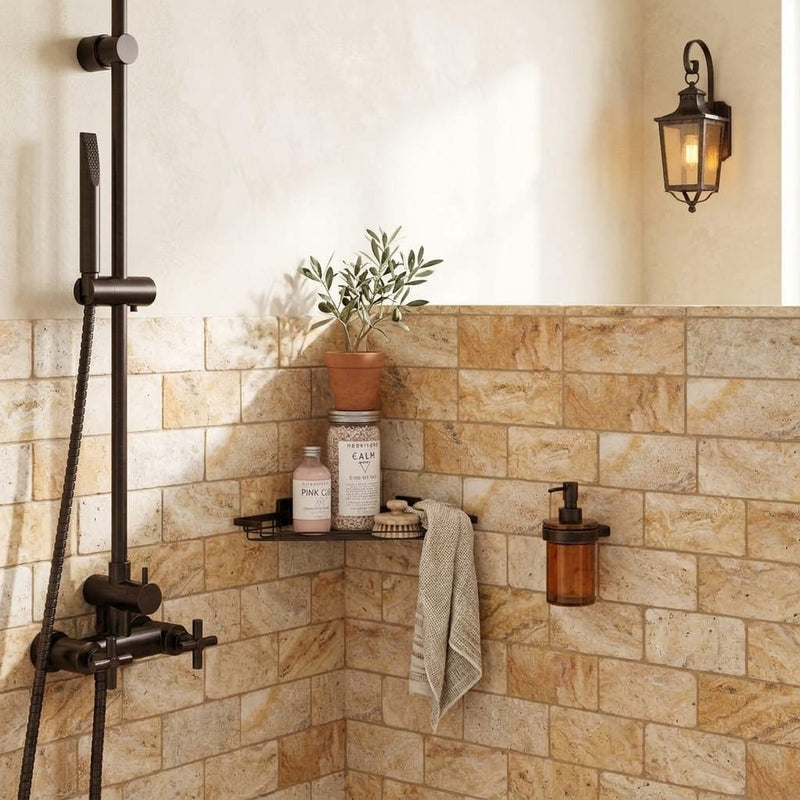 Scabos Travertine 3x6 Tumbled Travertine Tile — Bathroom shower wall