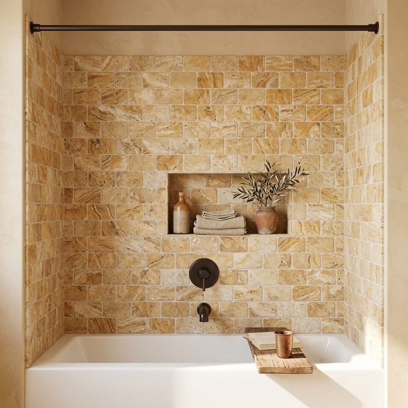 Scabos Travertine 3x6 Tumbled Travertine Tile — Bathroom tub surround