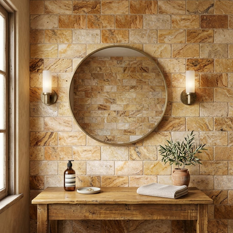 Scabos Travertine 3x6 Tumbled Travertine Tile — Bathroom wall