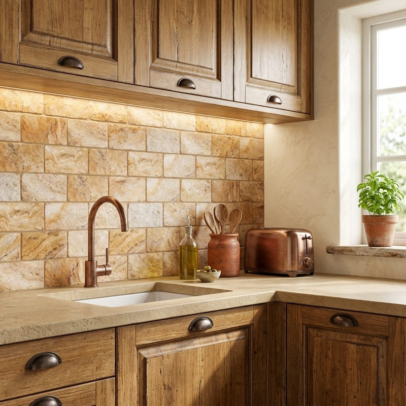 Scabos Travertine 3x6 Tumbled Travertine Tile — Kitchen backsplash
