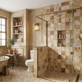 Scabos Travertine 4x4 CNC-Arched (Round-face / Wavy) Travertine Tile — Bathroom shower wall accent band