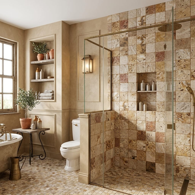 Scabos Travertine 4x4 CNC-Arched (Round-face / Wavy) Travertine Tile — Bathroom shower wall accent band