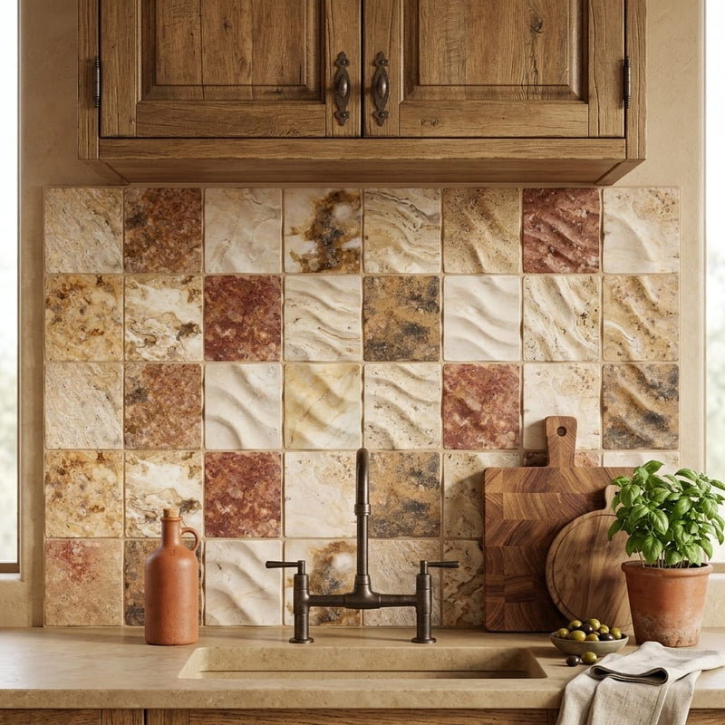 Scabos Travertine 4x4 CNC-Arched (Round-face / Wavy) Travertine Tile — Kitchen backsplash