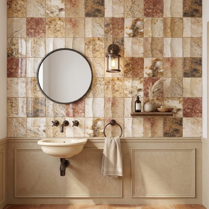 Scabos Travertine 4x4 CNC-Arched (Round-face / Wavy) Travertine Tile — Powder Room wall