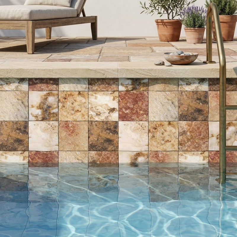 Scabos Travertine 4x4 CNC-Arched (Round-face / Wavy) Travertine Tile — Swimming Pool waterline