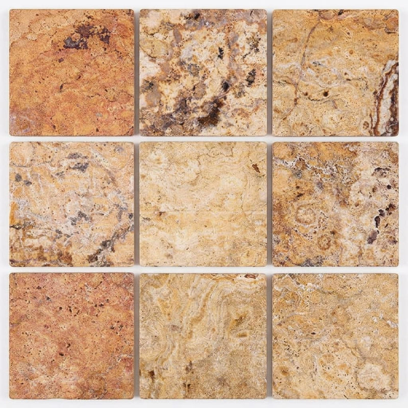 Scabos Travertine 4x4 Tumbled Travertine Tile close-up