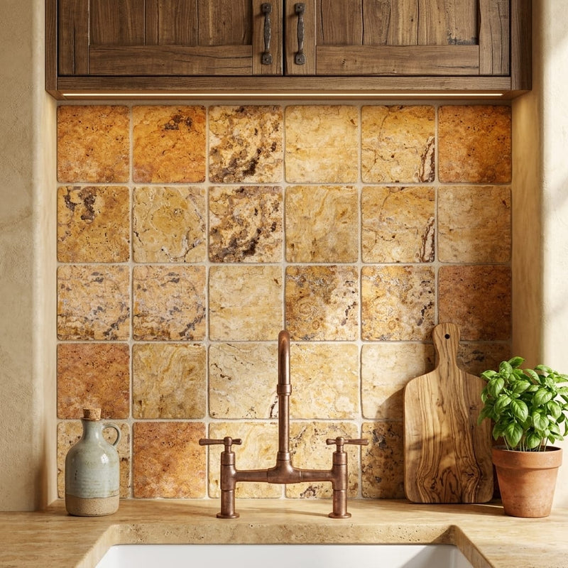 Scabos Travertine 4x4 Tumbled Travertine Tile — Kitchen backsplash